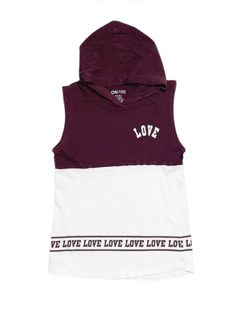 ON FIRE Girl's Hooded Tank Top White And Maroon Size Large 12